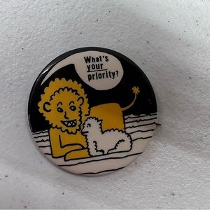 Vintage Button Pin - What’s Your Priority Lion And Lamb